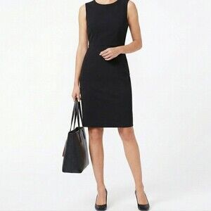 Calvin Klein Black Sheath Dress Size 14 Pleated Architectural Sleeveless Career